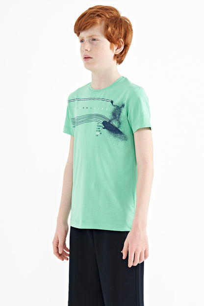 Mint Green Print Detailed Standard Mold O Collar Boys T-Shirt - 11133
