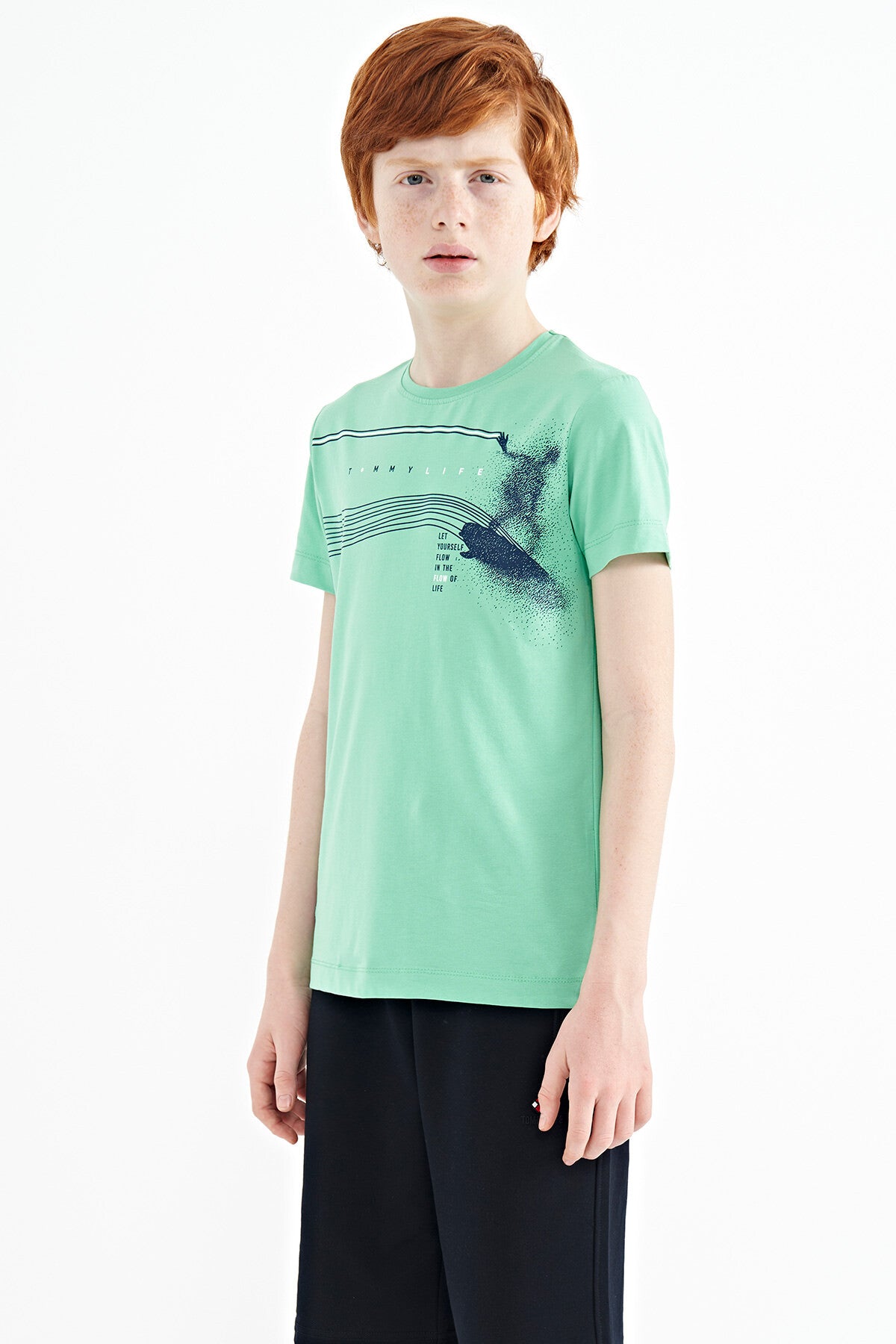 Mint Green Print Detailed Standard Mold O Collar Boys T-Shirt - 11133