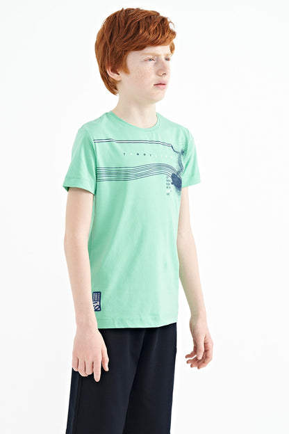 Mint Green Print Detailed Standard Mold O Collar Boys T-Shirt - 11133