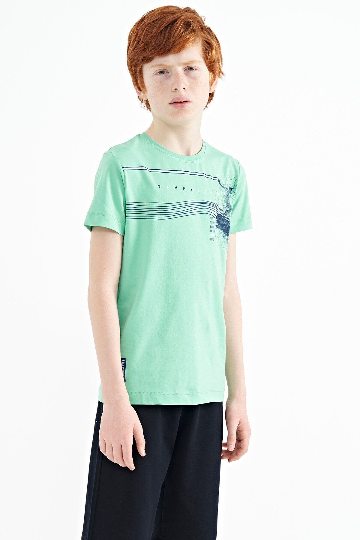 Mint Green Print Detailed Standard Mold O Collar Boys T-Shirt - 11133