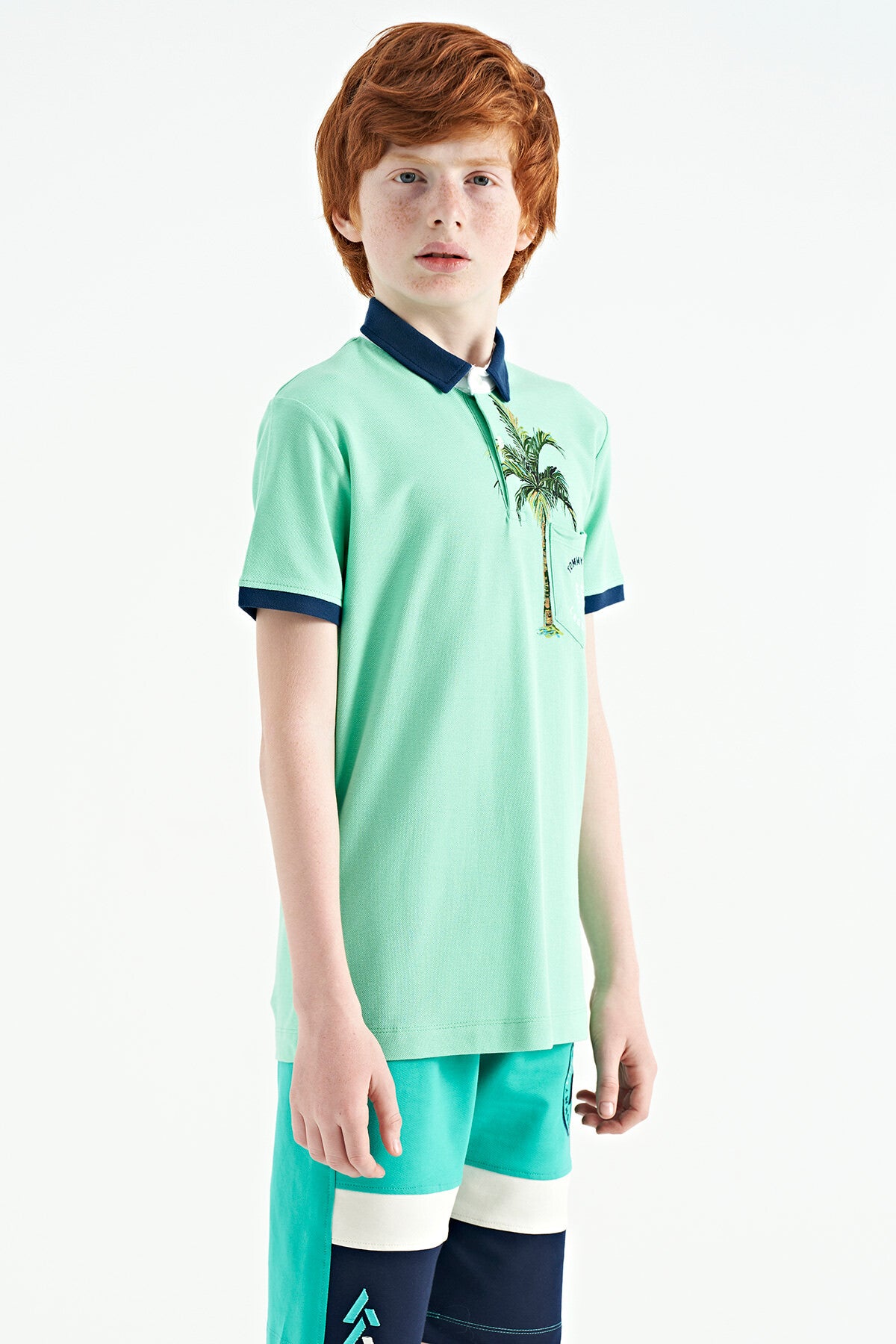 Olive Green Printed Pocket Detailed Standard Fit Polo Collar Boys T-Shirt - 11144