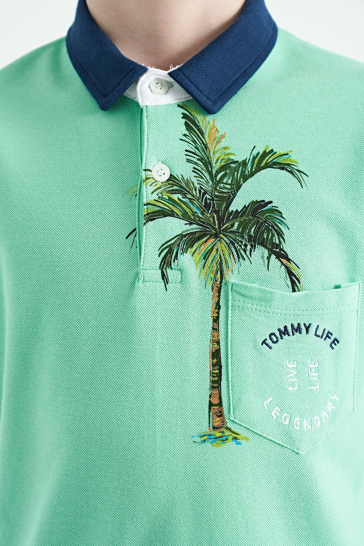 Olive Green Printed Pocket Detailed Standard Fit Polo Collar Boys T-Shirt - 11144
