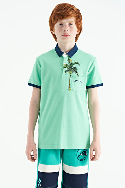 Olive Green Printed Pocket Detailed Standard Fit Polo Collar Boys T-Shirt - 11144