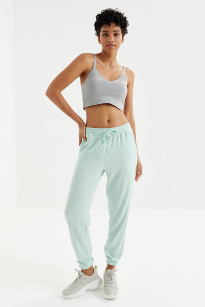 Mint Green Waist Gathered Laced Jogger Crepe Fabric Women's Tracksuit Bottom - 94620