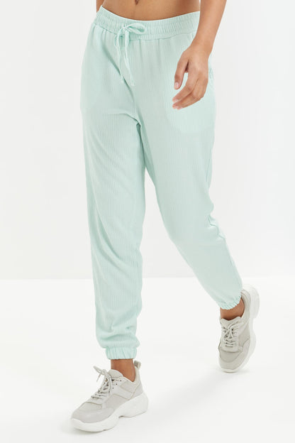 Mint Green Waist Gathered Laced Jogger Crepe Fabric Women's Tracksuit Bottom - 94620