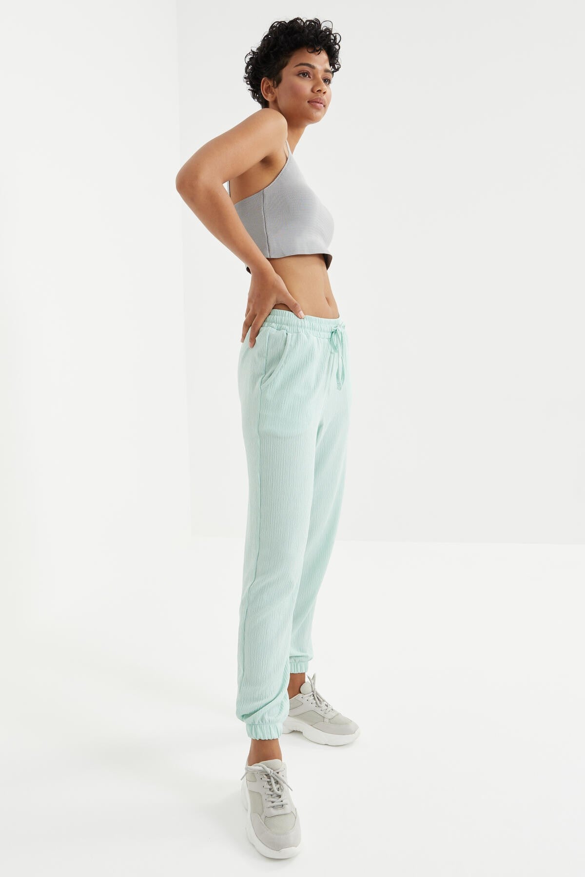 Mint Green Waist Gathered Laced Jogger Crepe Fabric Women's Tracksuit Bottom - 94620