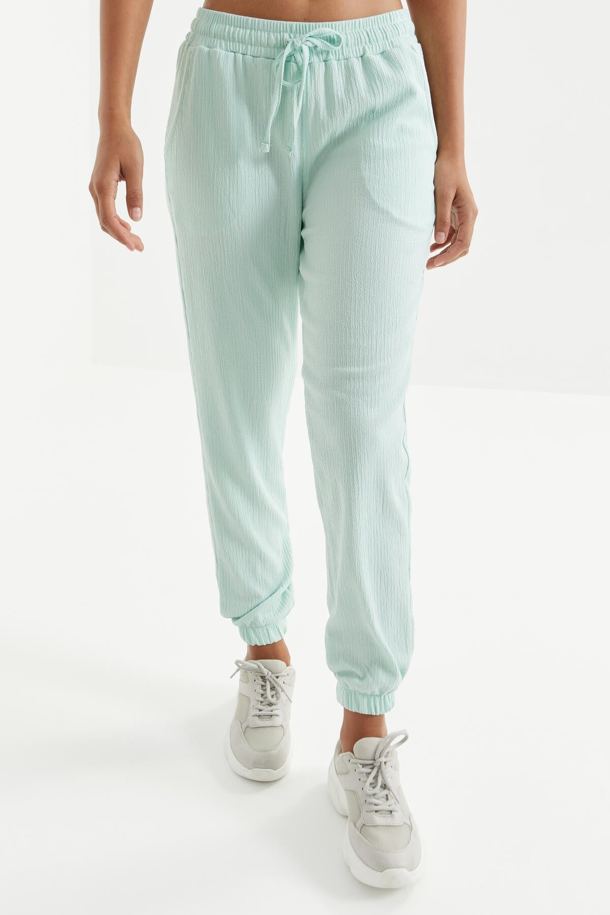 Mint Green Waist Gathered Laced Jogger Crepe Fabric Women's Tracksuit Bottom - 94620