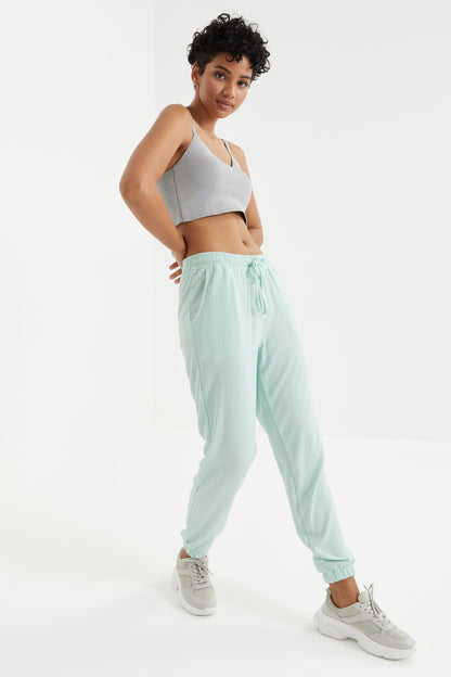 Mint Green Waist Gathered Laced Jogger Crepe Fabric Women's Tracksuit Bottom - 94620