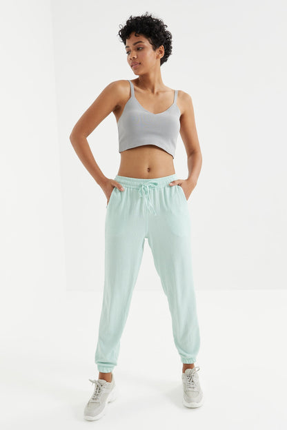 Mint Green Waist Gathered Laced Jogger Crepe Fabric Women's Tracksuit Bottom - 94620