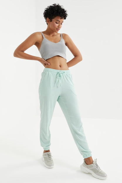 Mint Green Waist Gathered Laced Jogger Crepe Fabric Women's Tracksuit Bottom - 94620