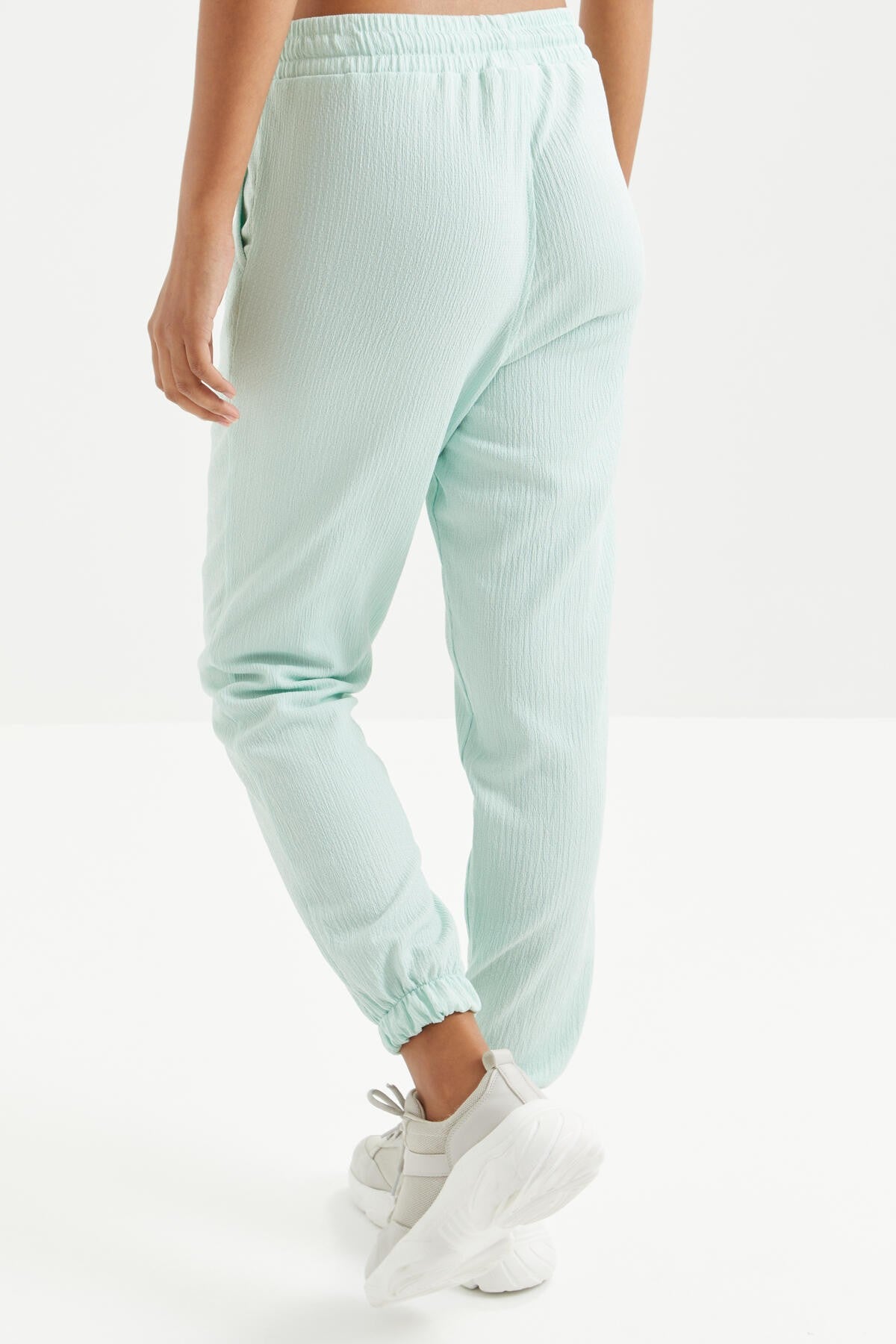 Mint Green Waist Gathered Laced Jogger Crepe Fabric Women's Tracksuit Bottom - 94620