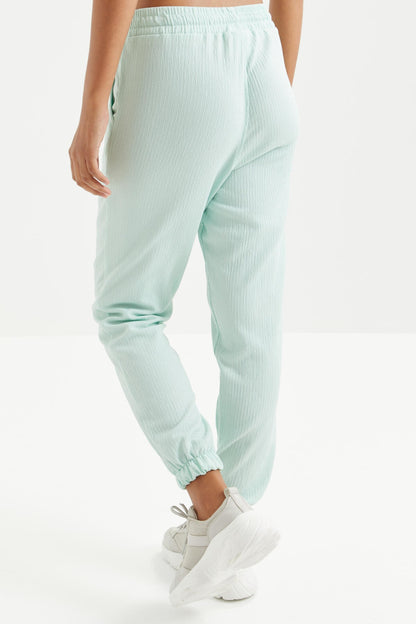 Mint Green Waist Gathered Laced Jogger Crepe Fabric Women's Tracksuit Bottom - 94620