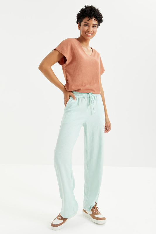 Mint Green Waist-Gathered Laced Classic Hem Crepe Fabric Women's Tracksuit Bottom - 94619