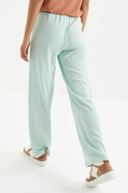 Mint Green Waist-Gathered Laced Classic Hem Crepe Fabric Women's Tracksuit Bottom - 94619
