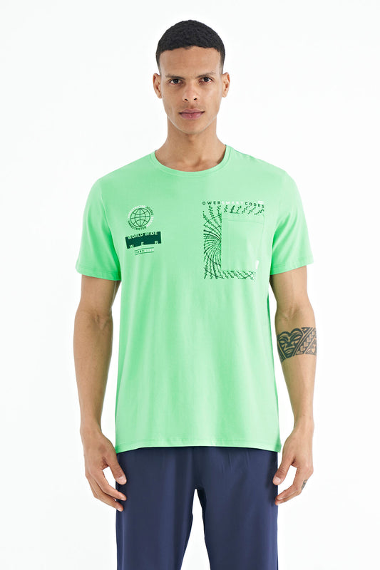 Forest Green Pocket Detailed Printed O Neck Men's T-Shirt - 88184