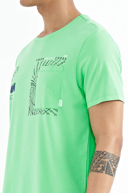 Forest Green Pocket Detailed Printed O Neck Men's T-Shirt - 88184