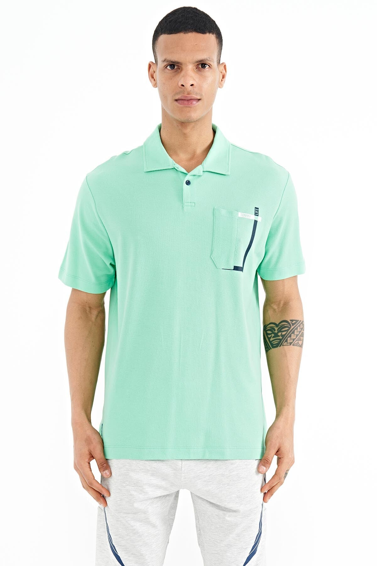 Pocket Detailed Printed Standard Fit Polo Collar Men's T-Shirt - 88241