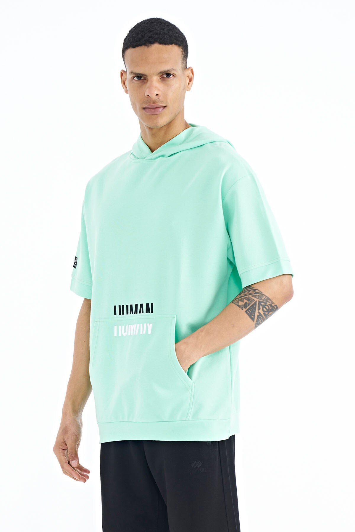 Olive Green Kangaroo Pocket Embroidered Hooded Men's T-Shirt - 88195