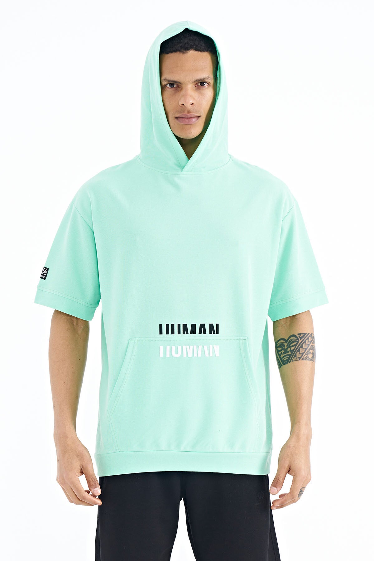 Olive Green Kangaroo Pocket Embroidered Hooded Men's T-Shirt - 88195