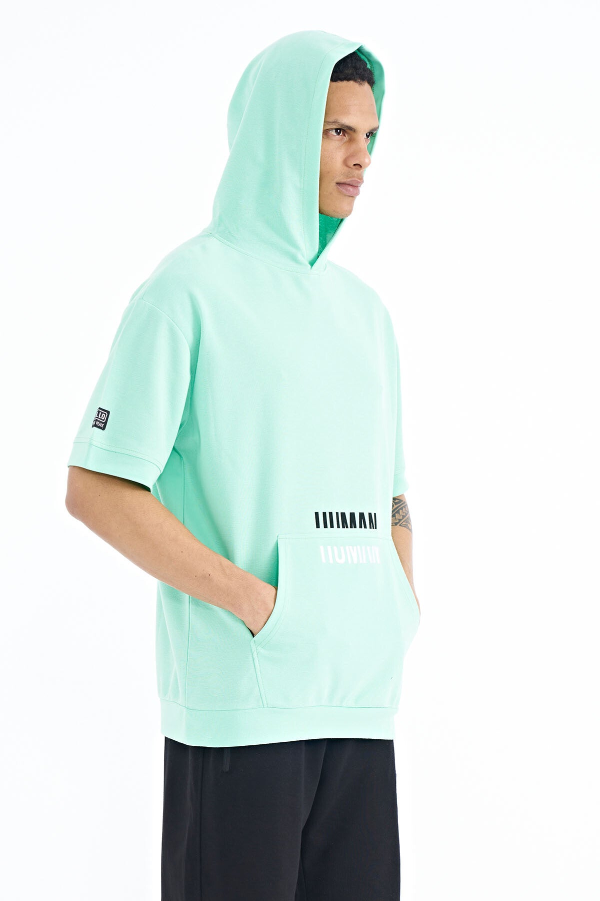 Olive Green Kangaroo Pocket Embroidered Hooded Men's T-Shirt - 88195
