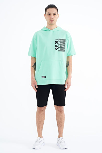 Forest Green Printed Hooded Kangaroo Pocket Oversize Men's T-shirt - 88196