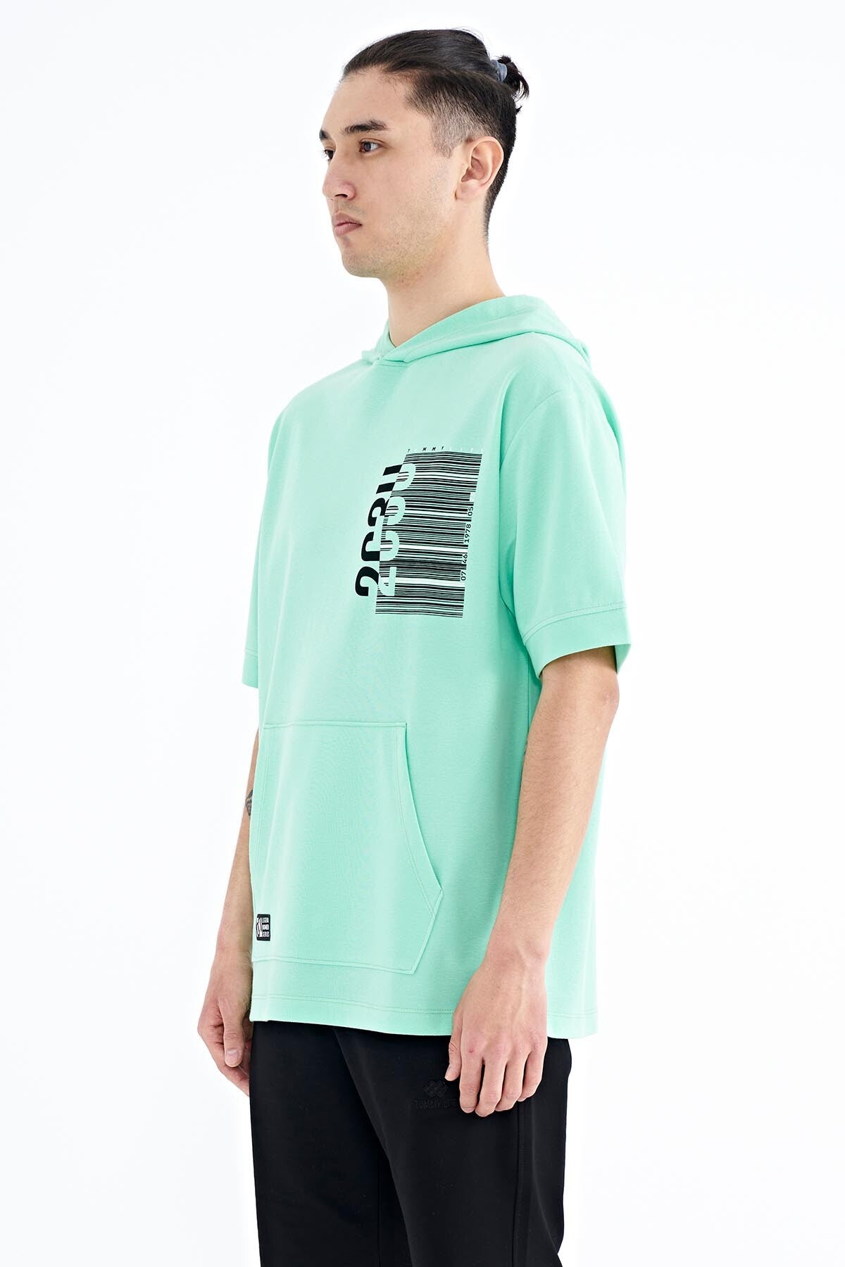 Forest Green Printed Hooded Kangaroo Pocket Oversize Men's T-shirt - 88196