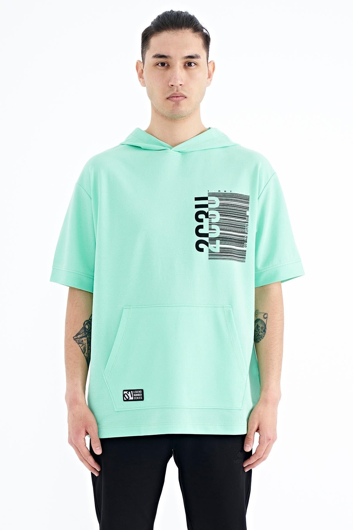 Forest Green Printed Hooded Kangaroo Pocket Oversize Men's T-shirt - 88196