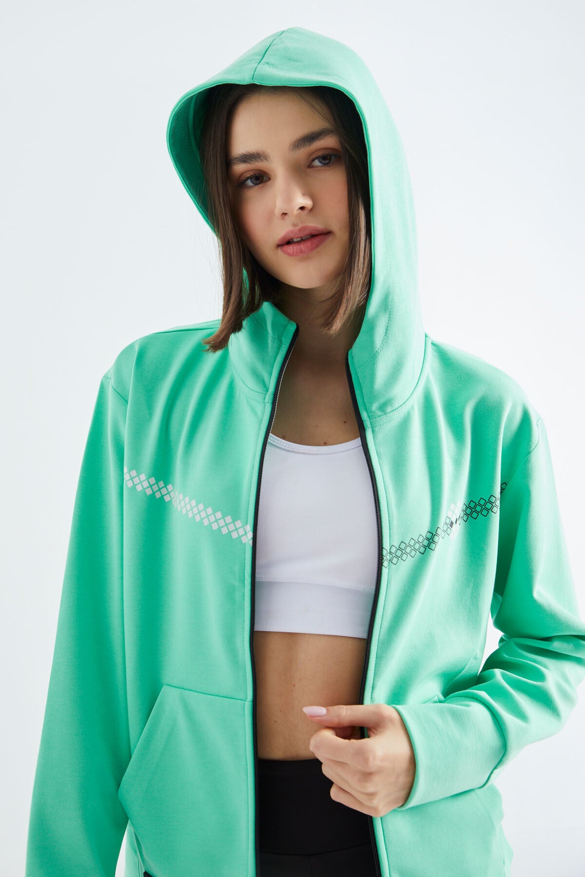 Forest Green Hooded Zipper Women's Sweatshirt - 97277