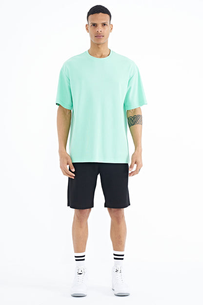 Olive Green Sleeve Embroidered Basic Oversize Men's T-Shirt - 88193