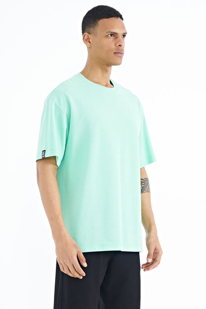 Olive Green Sleeve Embroidered Basic Oversize Men's T-Shirt - 88193