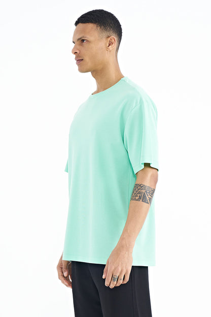 Olive Green Sleeve Embroidered Basic Oversize Men's T-Shirt - 88193