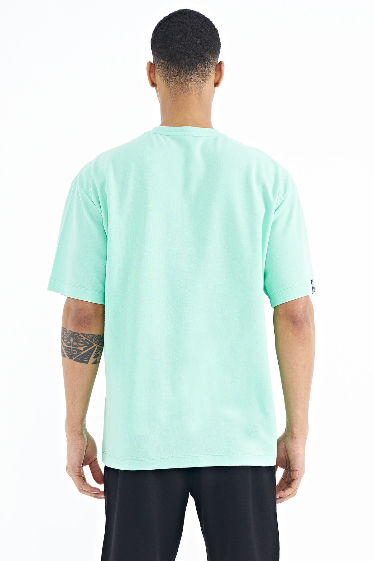 Olive Green Sleeve Embroidered Basic Oversize Men's T-Shirt - 88193