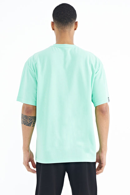 Olive Green Sleeve Embroidered Basic Oversize Men's T-Shirt - 88193