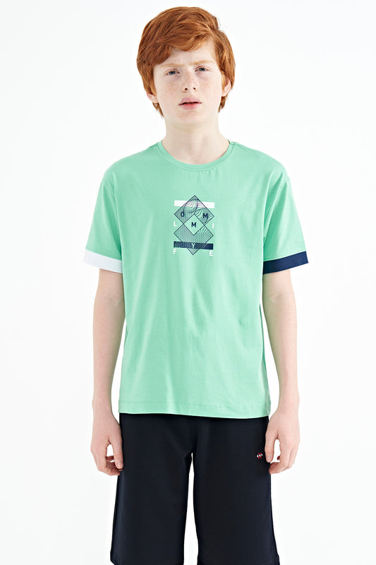 Olive Green Cuff Colored Detailed Printed Oversize Boys' T-Shirt - 11137