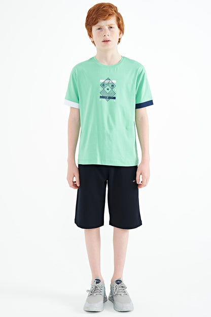 Olive Green Cuff Colored Detailed Printed Oversize Boys' T-Shirt - 11137