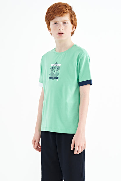 Olive Green Cuff Colored Detailed Printed Oversize Boys' T-Shirt - 11137