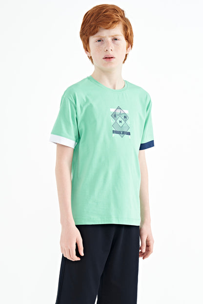 Olive Green Cuff Colored Detailed Printed Oversize Boys' T-Shirt - 11137