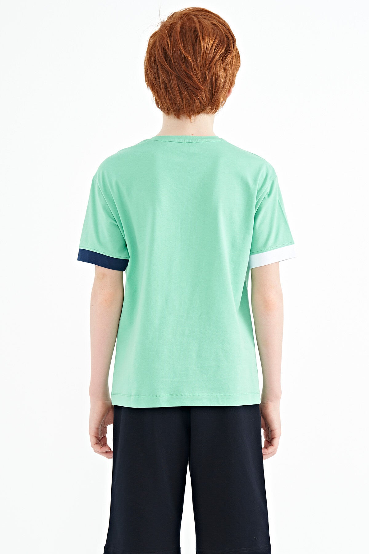 Olive Green Cuff Colored Detailed Printed Oversize Boys' T-Shirt - 11137