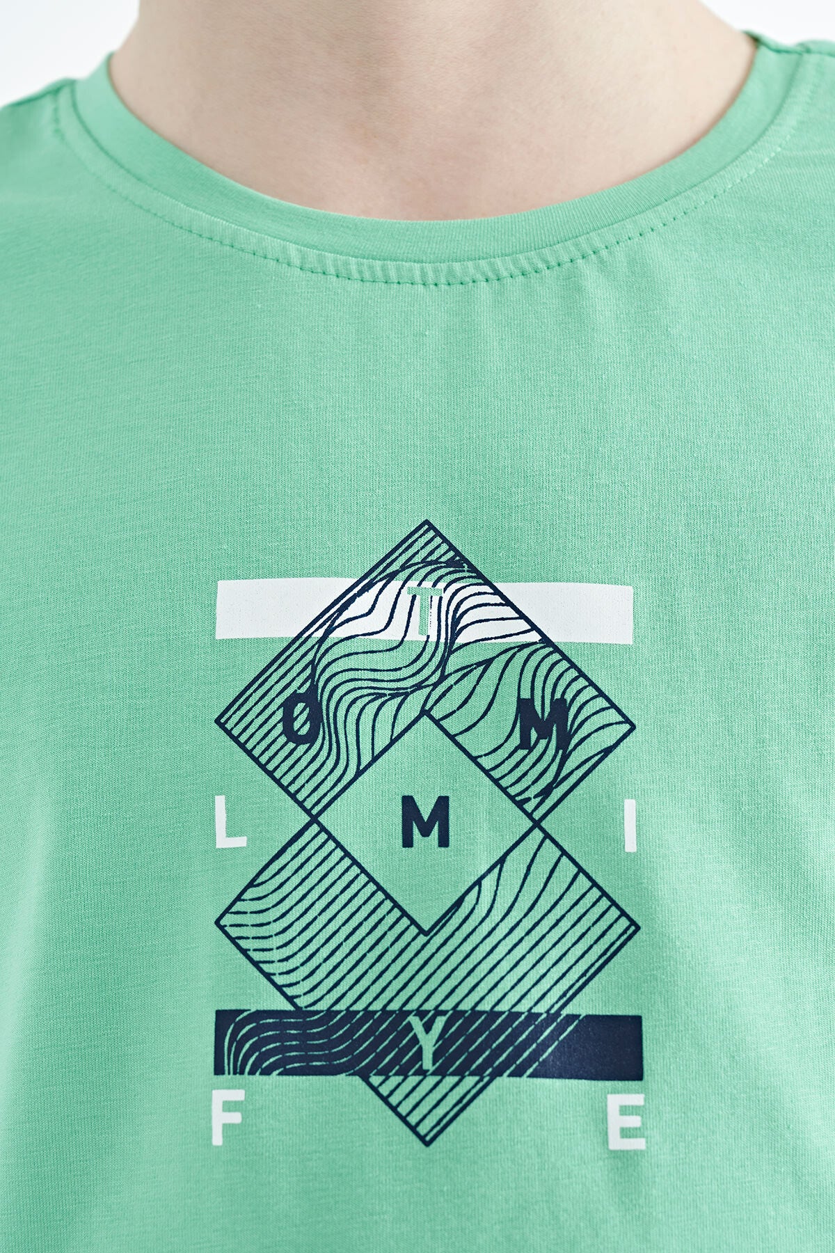 Olive Green Cuff Colored Detailed Printed Oversize Boys' T-Shirt - 11137