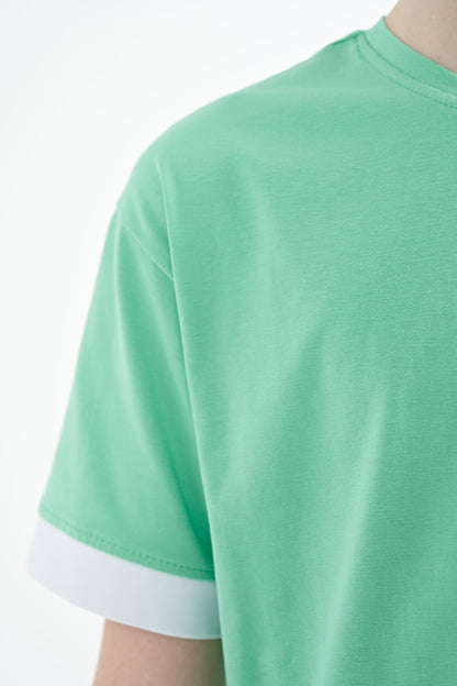 Olive Green Cuff Colored Detailed Printed Oversize Boys' T-Shirt - 11137