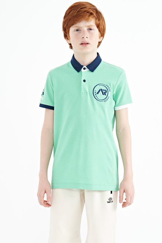 Cuff Colored Logo Embroidered Standard Fit Polo Collar Boys T-Shirt - 11138
