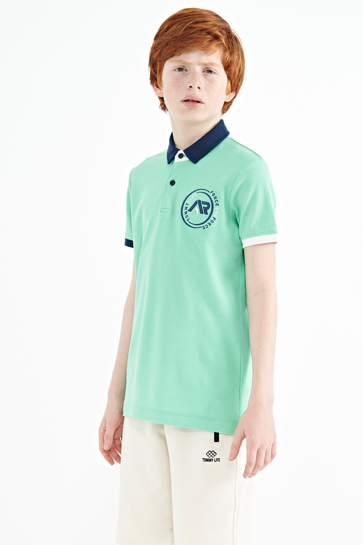 Cuff Colored Logo Embroidered Standard Fit Polo Collar Boys T-Shirt - 11138
