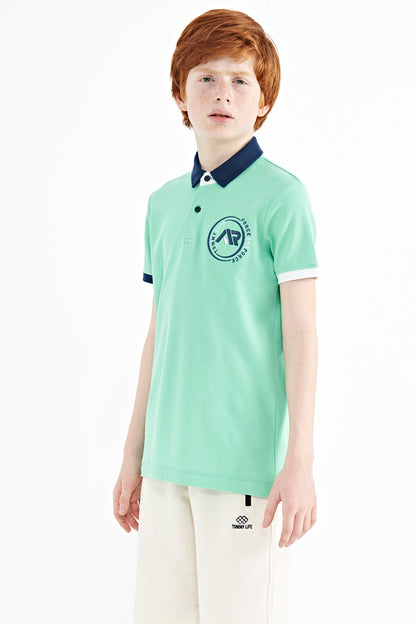 Cuff Colored Logo Embroidered Standard Fit Polo Collar Boys T-Shirt - 11138