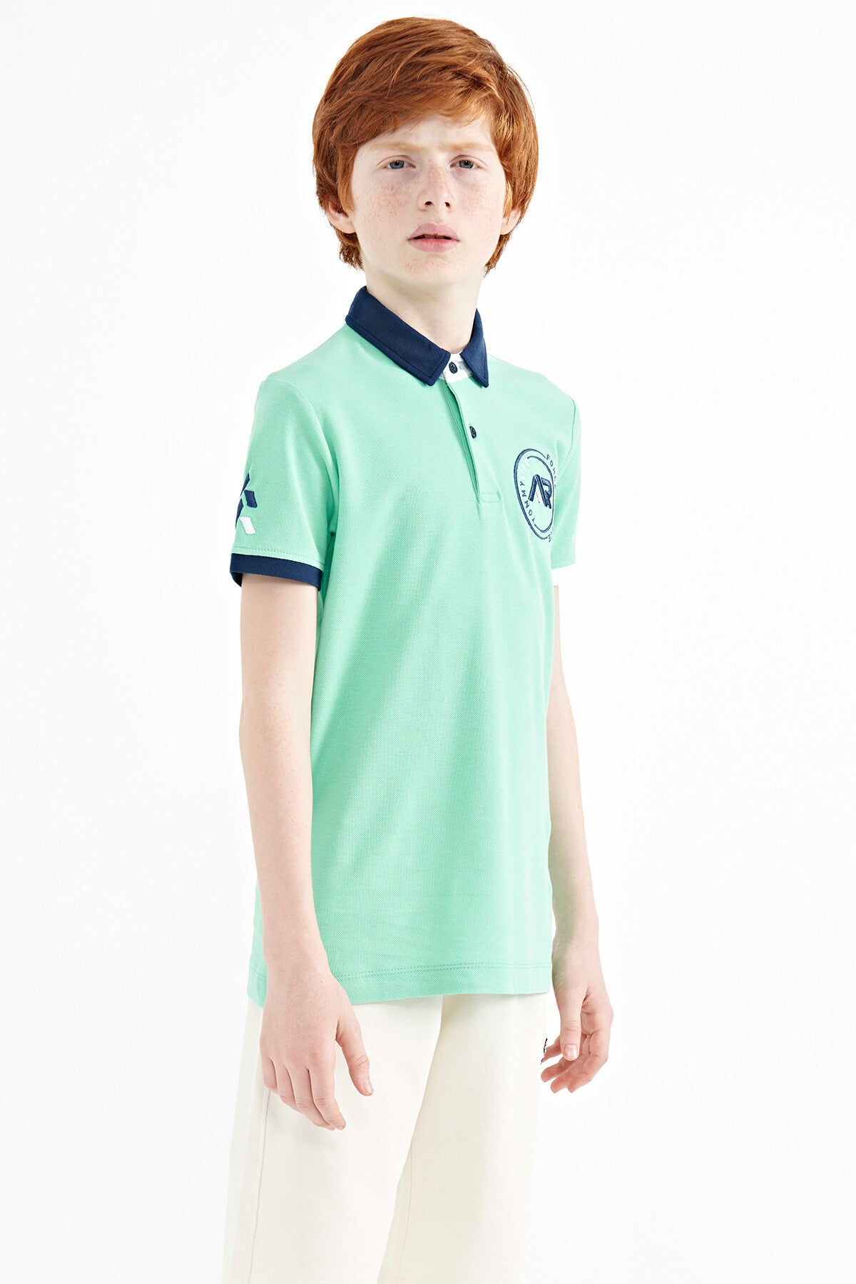 Cuff Colored Logo Embroidered Standard Fit Polo Collar Boys T-Shirt - 11138