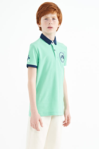 Cuff Colored Logo Embroidered Standard Fit Polo Collar Boys T-Shirt - 11138