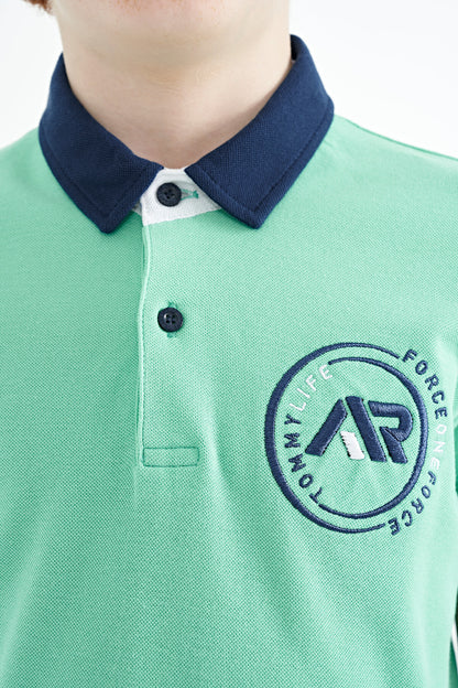 Cuff Colored Logo Embroidered Standard Fit Polo Collar Boys T-Shirt - 11138