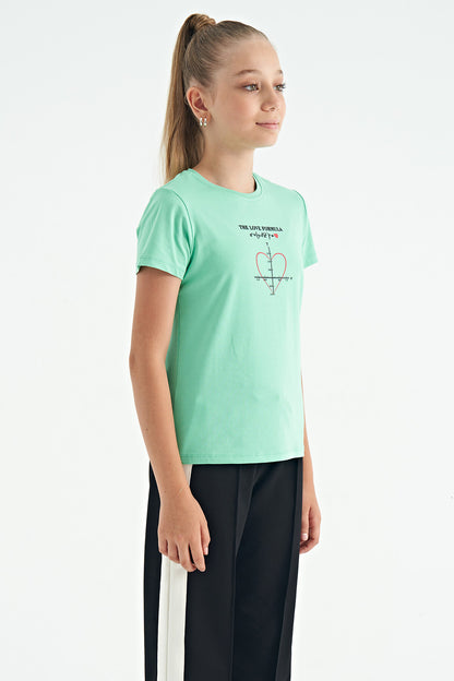 O Collar Printed Detailed Relax Fit Girls' T-Shirt - 75129
