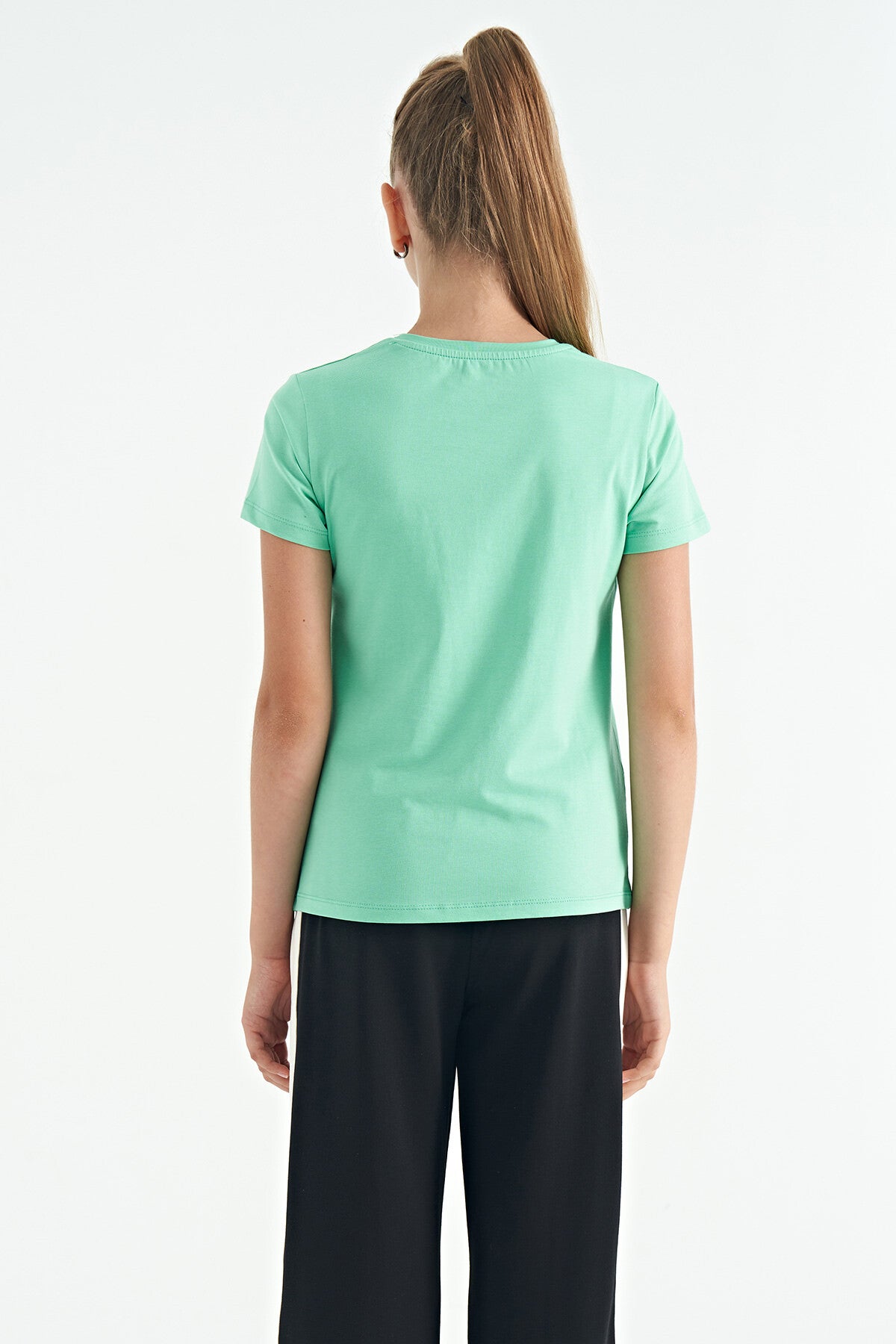 O Collar Printed Detailed Relax Fit Girls' T-Shirt - 75129