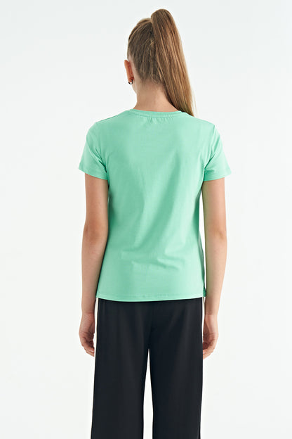 O Collar Printed Detailed Relax Fit Girls' T-Shirt - 75129