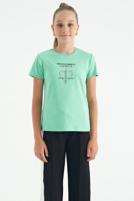 O Collar Printed Detailed Relax Fit Girls' T-Shirt - 75129